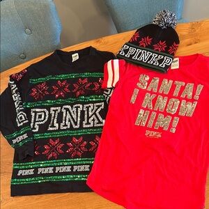 PINK Victoria's Secret Holiday Shirt Set - Black campus tee XS and Red small